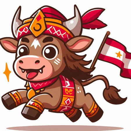 Cute Cartoon Bull Mascot Character Wearing Indian Costume and Holding Flagのイラスト素材