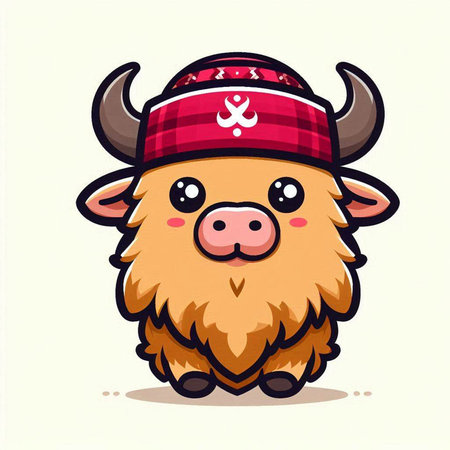 Cute cartoon buffalo in a hat. Vector illustration isolated on white background.のイラスト素材
