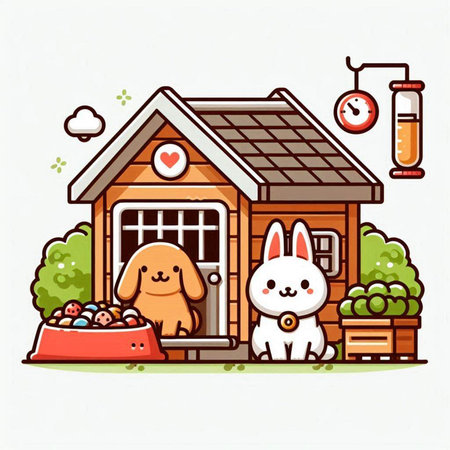 Cute dog and cat in the dog house. Vector illustration.のイラスト素材