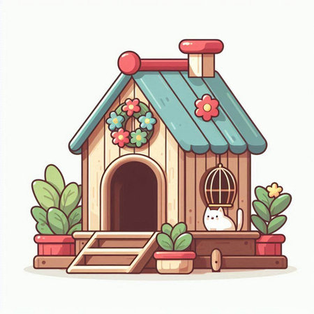 Cute hand drawn doghouse. Vector illustration in cartoon style.のイラスト素材