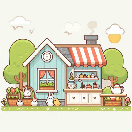 Illustration of a Cottage in the Countryside. Vector illustrationのイラスト素材