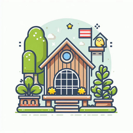 Vector illustration of school building icon in flat line style. Education concept.のイラスト素材