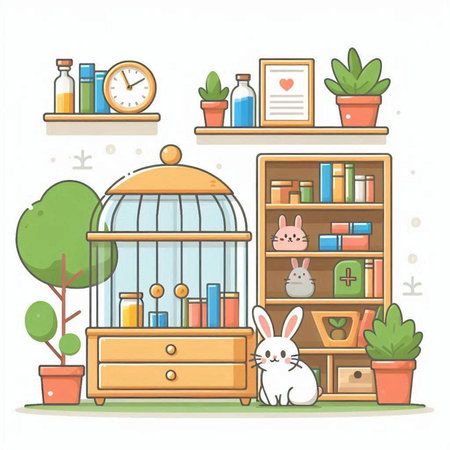 Vector illustration of a cozy room with a bookcase, a birdcage, a cat and a birdcageのイラスト素材