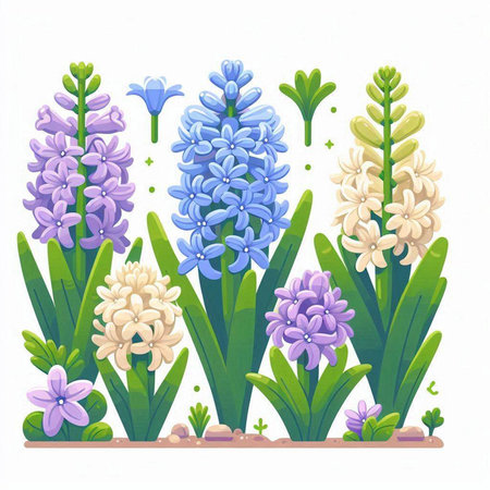 Illustration of hyacinths in a row on a white backgroundのイラスト素材