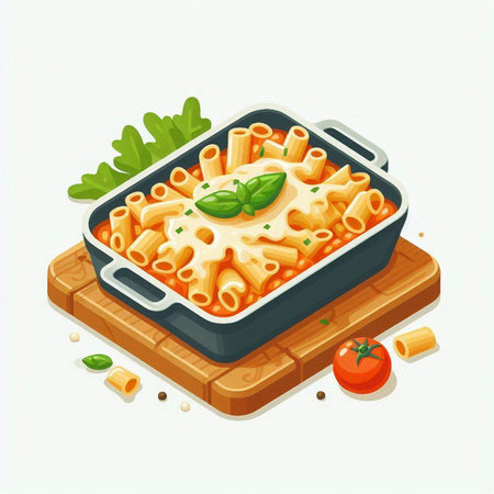 Illustration of pasta with tomato sauce and basil in a baking dishのイラスト素材
