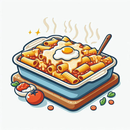 Baked macaroni with fried egg in baking dish. Vector illustration.のイラスト素材