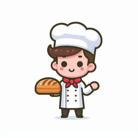 Cute chef boy holding bread vector illustration. Cute cartoon chef boy in uniform.のイラスト素材