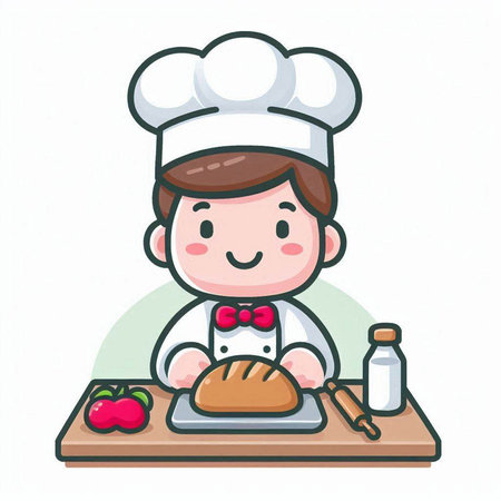Chef boy with food in the kitchen, vector cartoon illustration.のイラスト素材