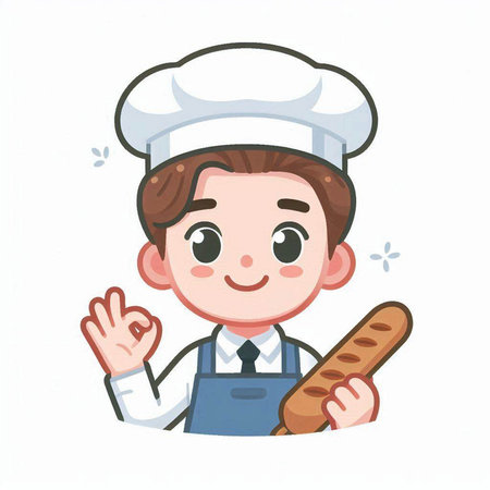 Illustration of a Cute Chef Boy Waving and Holding a Breadのイラスト素材