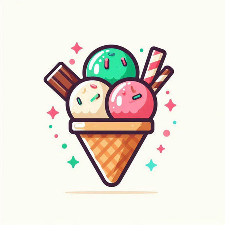 Ice cream in waffle cone. Colorful flat vector illustration.のイラスト素材