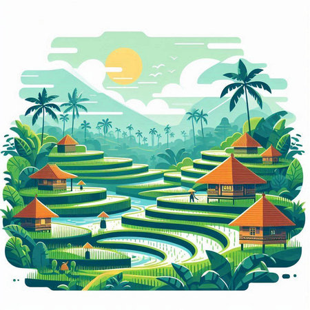 Terraced rice fields in Bali, Indonesia. Vector illustrationのイラスト素材