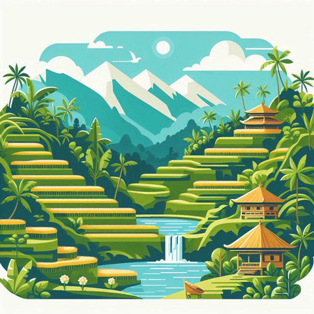 Landscape with waterfalls and mountains. Vector illustration in flat style.のイラスト素材