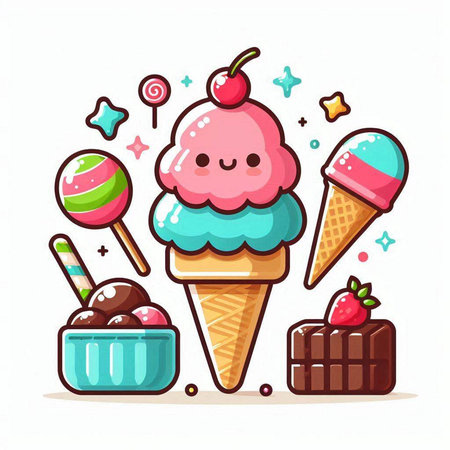 Cute ice cream cartoon vector illustration. Cute sweet dessert.のイラスト素材