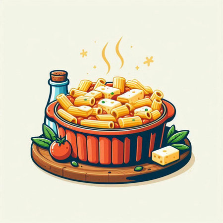 Illustration of a bowl full of pasta with cheese and tomato sauceのイラスト素材