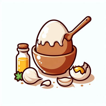 Boiled egg with garlic and oil on white background. Vector illustration.のイラスト素材