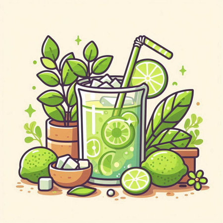 Cocktail with lime, ice and mint. Vector illustration.のイラスト素材