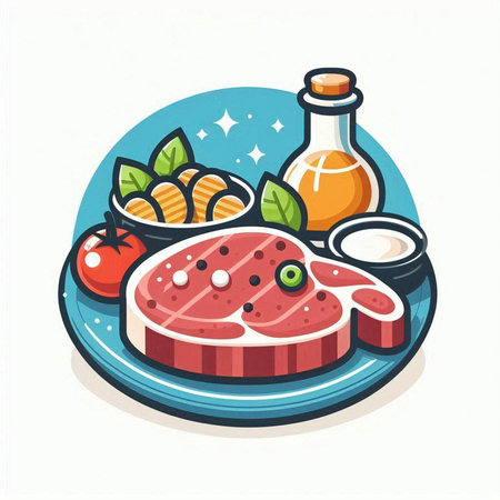 Steak on a plate with sauce and vegetables. Vector illustration.のイラスト素材