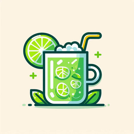 Cocktail with lime and mint. Vector illustration in flat styleのイラスト素材