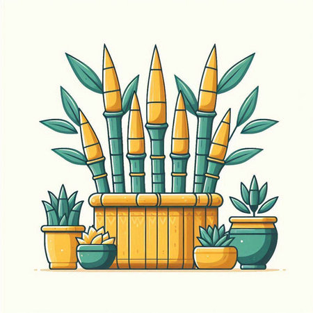 Illustration of a bamboo house plant in a pot on a white backgroundのイラスト素材