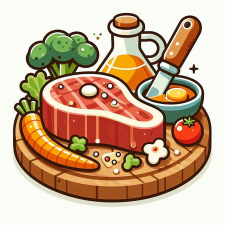 Steak with ingredients for cooking. Vector illustration in cartoon style.のイラスト素材