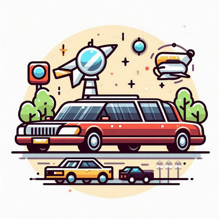 Car on the road in the city. Vector illustration of a flat design.のイラスト素材