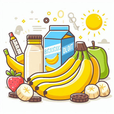 Milk in a bottle and a bunch of bananas. Vector illustration.のイラスト素材
