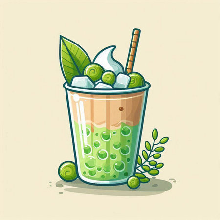 Iced green tea with whipped cream in a glass. Vector illustration.のイラスト素材