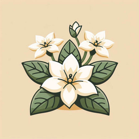 Illustration of white flowers with leaves on a beige background.のイラスト素材