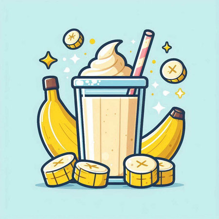 Banana milkshake with ice cream and banana slices. Vector illustration.のイラスト素材