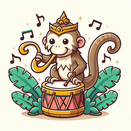 Cute monkey playing the drum. Vector illustration in cartoon style.のイラスト素材