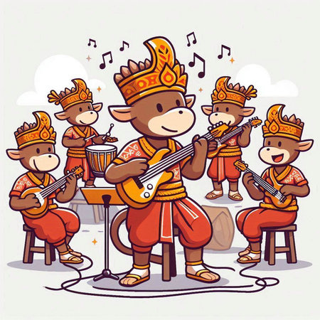 Illustration of Cute Little Monkey Playing Musical Instruments and Singingのイラスト素材