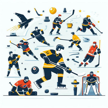 Ice hockey sport. Vector illustration in flat design style with icons of players.のイラスト素材