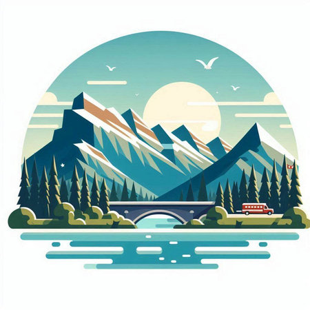 Mountains and river in the flat style vector illustration. Mountain landscape.のイラスト素材