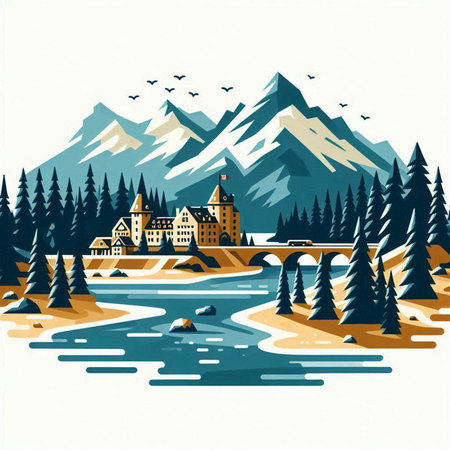 Landscape with mountains, river, forest and buildings. Vector illustrationのイラスト素材