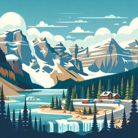 Mountains and forest in the background. Vector illustration in retro style.のイラスト素材