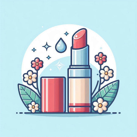 Lipstick with flowers and moon. Vector illustration in flat styleのイラスト素材