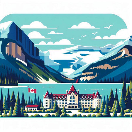 Landscape with mountains, trees, houses and lake. Vector illustrationのイラスト素材