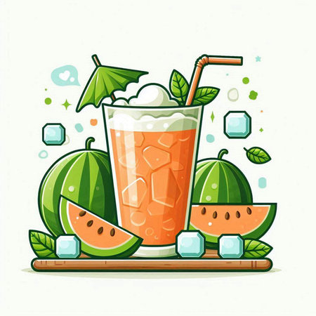 Cocktail with melon and ice cubes. Vector illustration.のイラスト素材