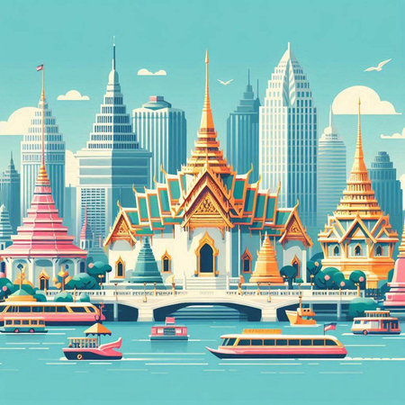 Bangkok cityscape with famous landmarks, Thailand. Vector illustration.のイラスト素材