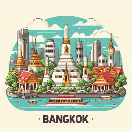 Bangkok city with famous landmarks, vector illustration in flat style.のイラスト素材