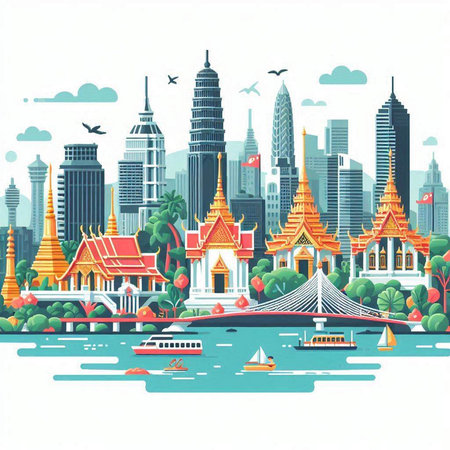 Thailand travel background with famous landmarks and attractions. Vector illustration.のイラスト素材
