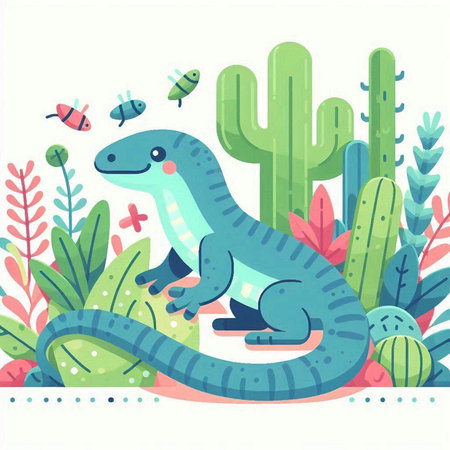 Cute cartoon dinosaur with cactus. Vector illustration in flat styleのイラスト素材