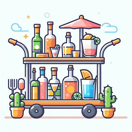 Trolley with bottles of alcoholic drinks and cocktails. Vector illustration.のイラスト素材