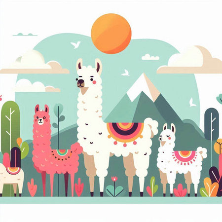 Llama in the mountains. Vector illustration. Flat style.のイラスト素材