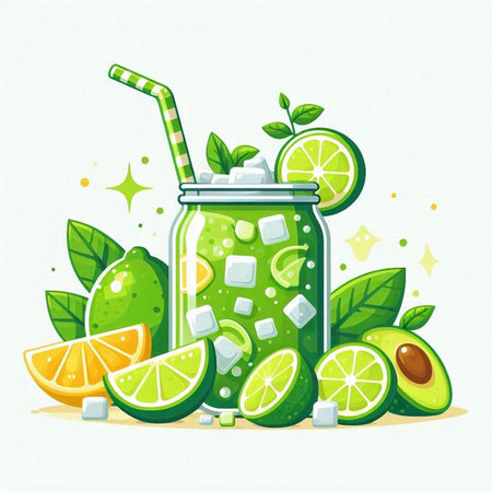 Lemonade with lime, ice and mint, vector illustration.のイラスト素材