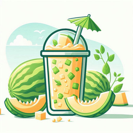 Fresh watermelon juice in a glass with a straw and ice cubes. Vector illustration.のイラスト素材