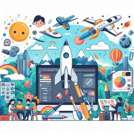 Startup concept with rocket and teamwork. Vector illustration in flat styleのイラスト素材
