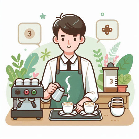 Illustration of a male barista preparing coffee in the coffee shopのイラスト素材