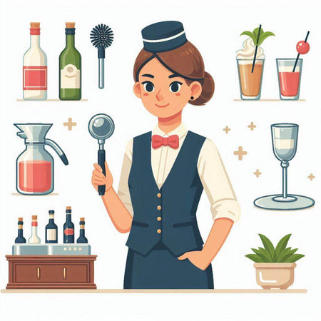 Vector illustration of a female bartender in uniform with a set of drinks.のイラスト素材