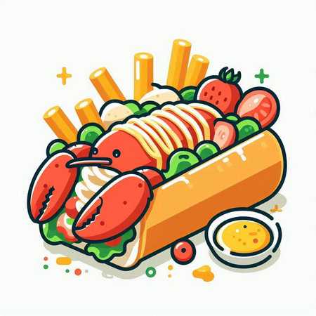 Lobster sandwich with french fries and sauce. Vector illustration.のイラスト素材